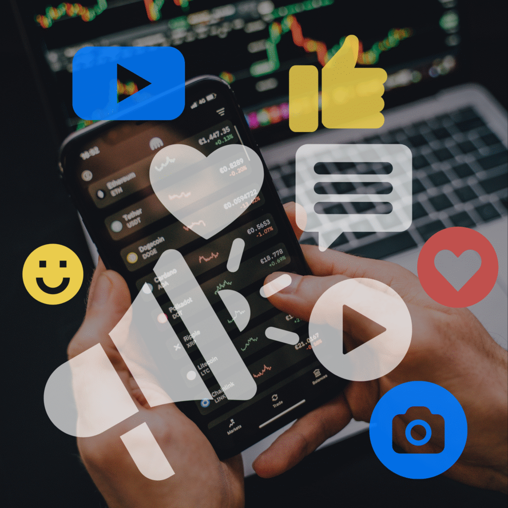 Social media icons over a photo of an investor making investments online.