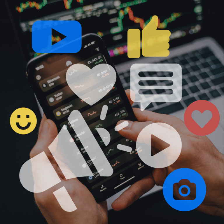 Social media icons over a photo of an investor making investments online.