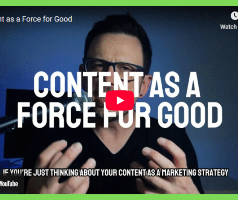 Greg speaking in a video. Text overlay reads: "Content as a force for good.'
